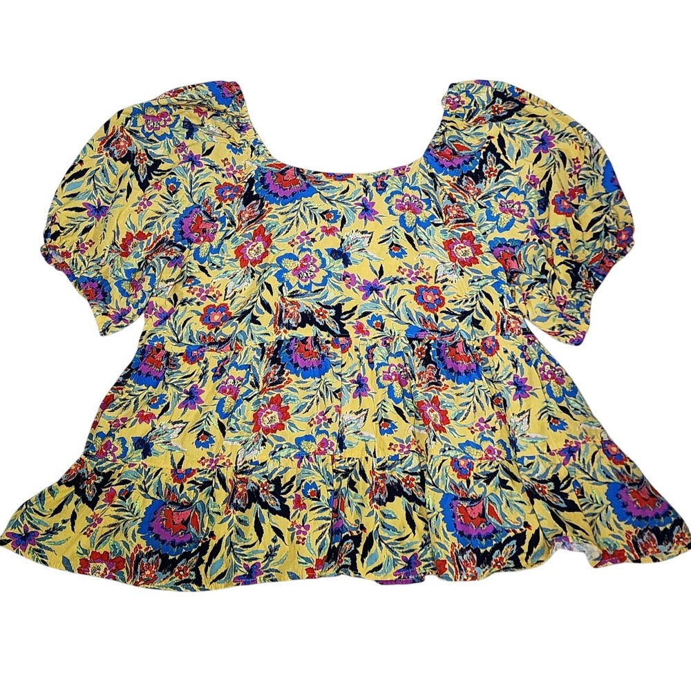Terra & Sky Top 2X Yellow Floral‎ Puff Sleeve Square Neck Peasant Flowy Bohemian